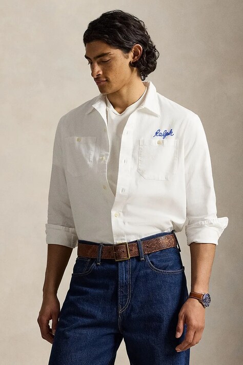 Polo Ralph Lauren HERRINGBONE CHINO-WVN-SHIRT koszula bawełniana męska biała z nadrukiem 710B14284001