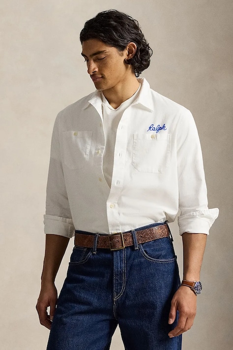 Polo Ralph Lauren HERRINGBONE CHINO-WVN-SHIRT koszula bawełniana męska biała z nadrukiem 710B14284001