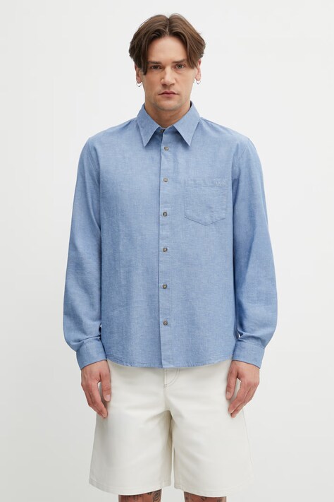 A.P.C. koszula męska z bawełną En Lin niebieska gładka COHNN.H12648