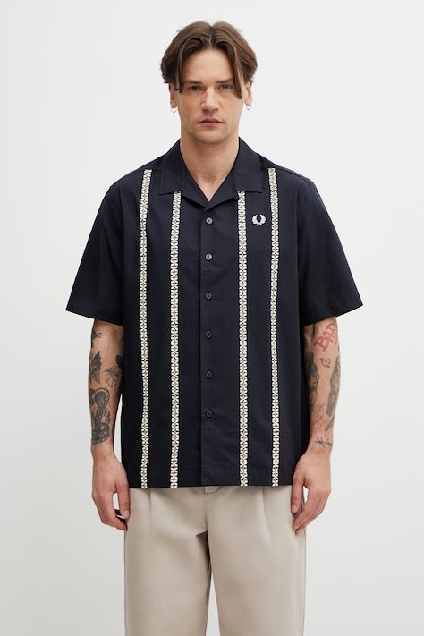 Fred Perry koszula męska bawełniana granatowa z nadrukiem M2430