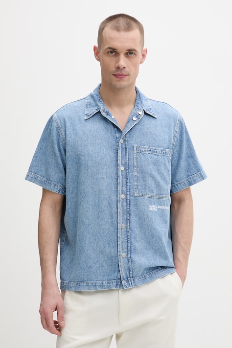 Karl Lagerfeld Jeans koszula męska bawełniana niebieska z efektem sprania B2M16013