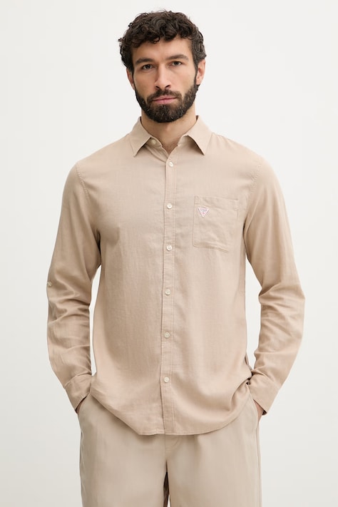 Guess koszula męska lniana beżowa F6GH06 WG3L0