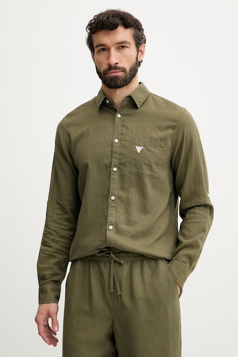 Guess koszula męska lniana zielona F6GH06 WG3L0