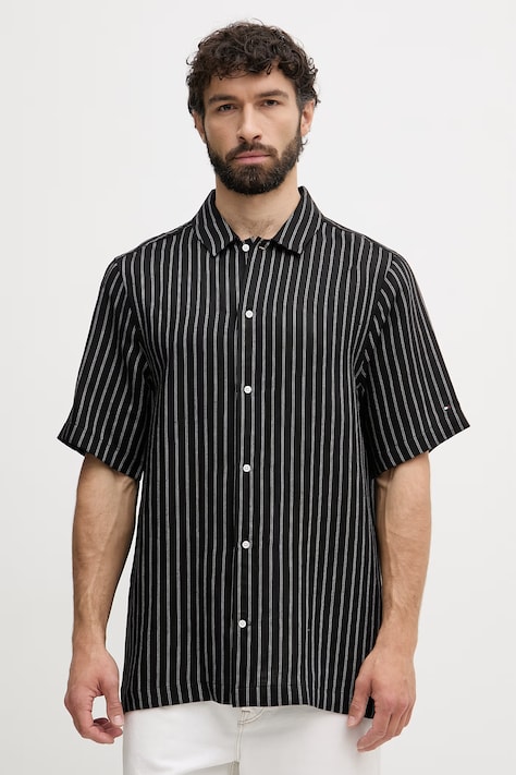 Tommy Hilfiger πουκάμισο ανδρικό με λινό μαύρο ριγέ MW0MW42700