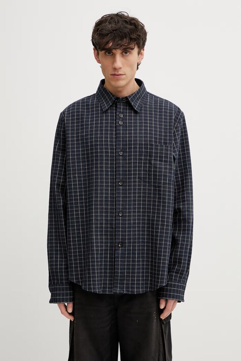 Wales Bonner London koszula z lnem męska granatowa w kratkę MS26SH02.LI01.501