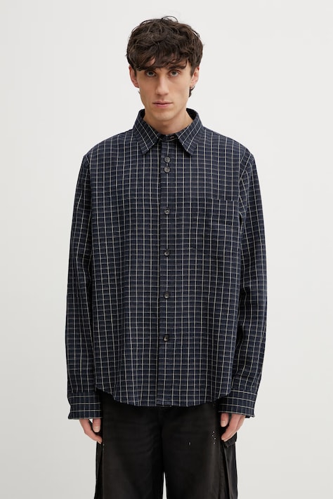 Wales Bonner London koszula z lnem męska granatowa w kratkę MS26SH02.LI01.501