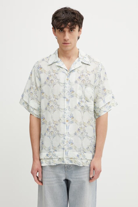 Wales Bonner Lotus Bowling koszula z dodatkiem lnu męska turkusowa MS26SH03.VI02.1001