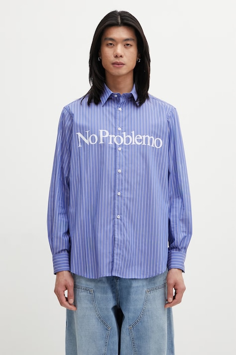 No Problemo Ls Poplin koszula męska bawełniana niebieska z nadrukiem NP4010205