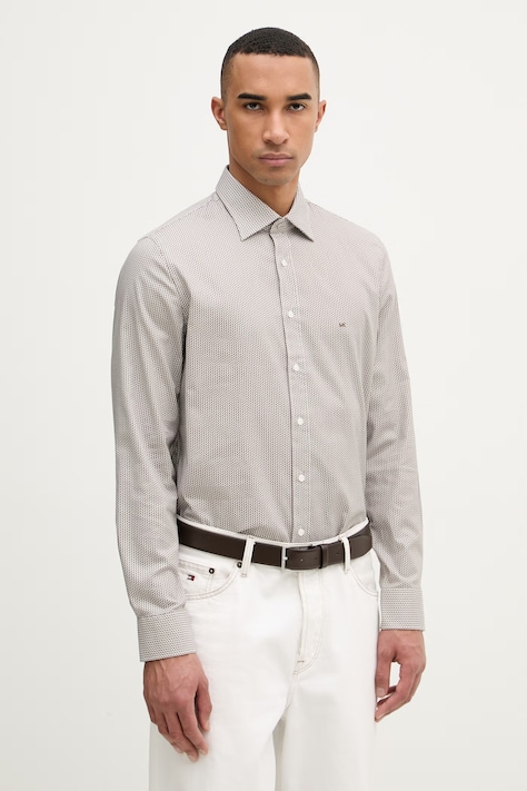 Michael Kors koszula męska bawełniana z elastanem brązowa w jodełkę MK0DS01652