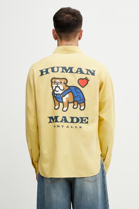 Human Made koszula męska z dodatkiem lnu żółta z nadrukiem HM31SH001