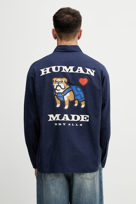 Human Made koszula męska z dodatkiem lnu granatowa z nadrukiem HM31SH001