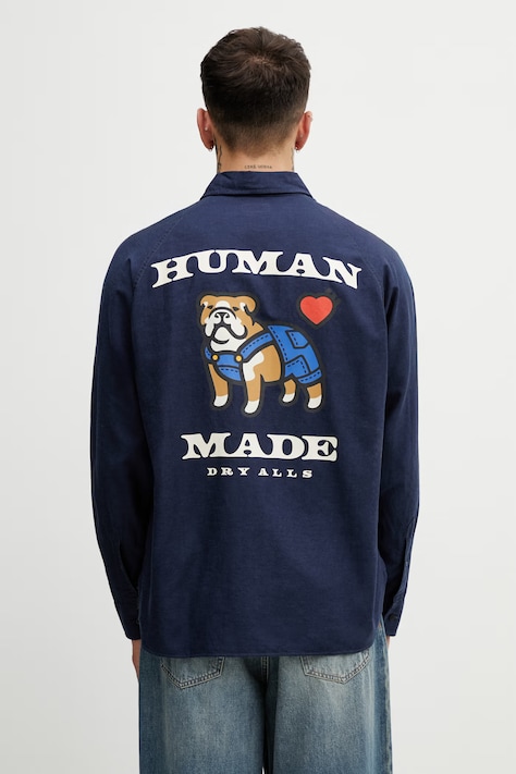 Human Made košeľa s prímesou ľanu pánska tmavomodrá s potlačou HM31SH001