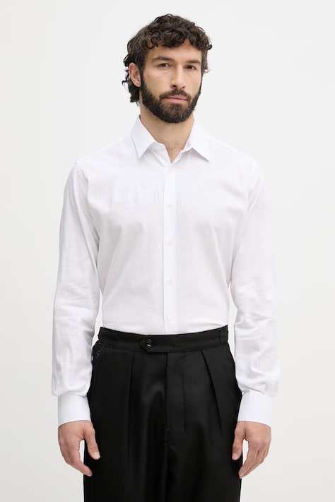 Karl Lagerfeld koszula męska z lnem biała gładka 552627.605000