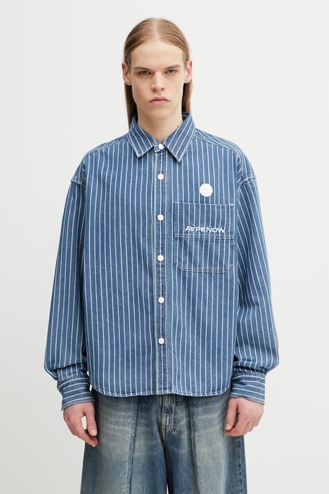 AAPE koszula męska z bawełną niebieska w paski AAPSTM8558XAQ