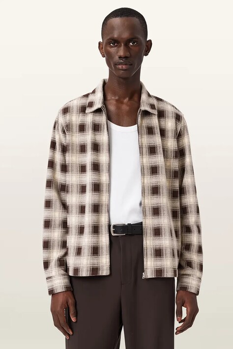 AllSaints koszula męska KRATER LS SHIRT beżowa w kratkę M032SE