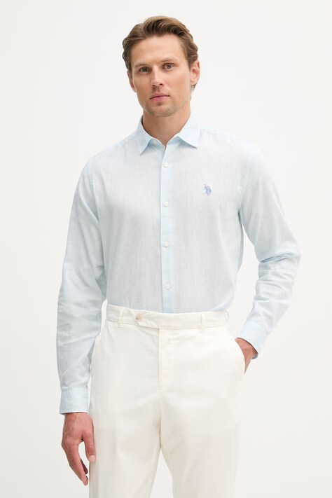 U.S. Polo Assn. koszula męska z bawełną LINEN BLEND LS niebieska gładka MUP3248