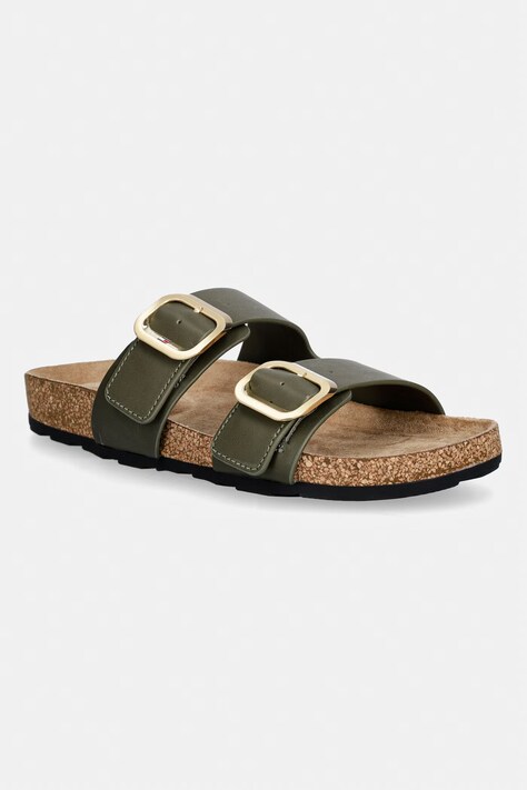 Tommy Hilfiger klapki damskie skórzane TH CLASSIC CORK SANDAL LEATHER zielone FW0FW09118