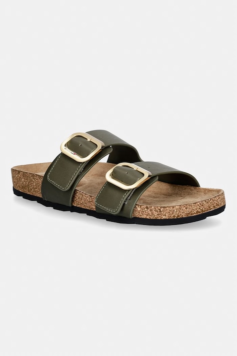 Tommy Hilfiger klapki damskie skórzane TH CLASSIC CORK SANDAL LEATHER zielone FW0FW09118