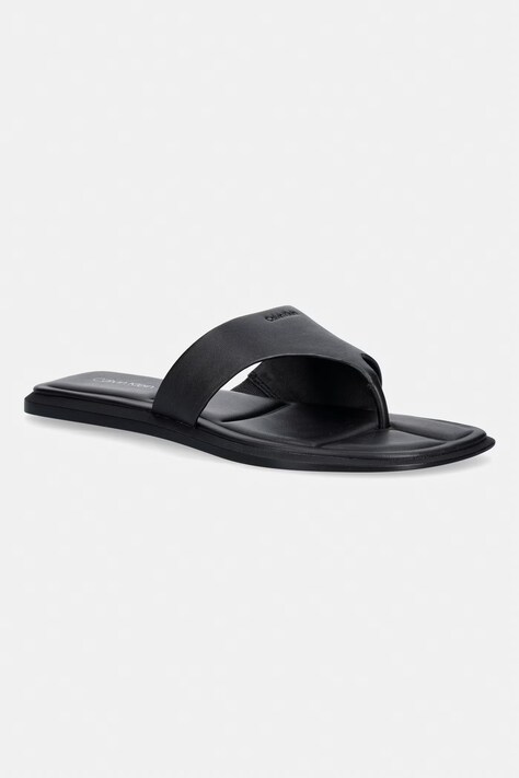 Calvin Klein japonki damskie skórzane FLAT SANDAL THONG LTH czarne HW0HW02866