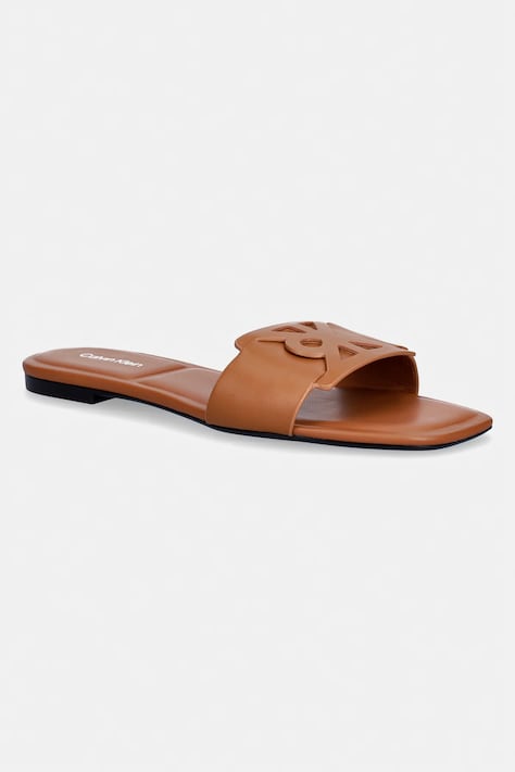 Calvin Klein klapki damskie skórzane SQUARE FLAT SANDAL EMBLEM brązowe HW0HW03128