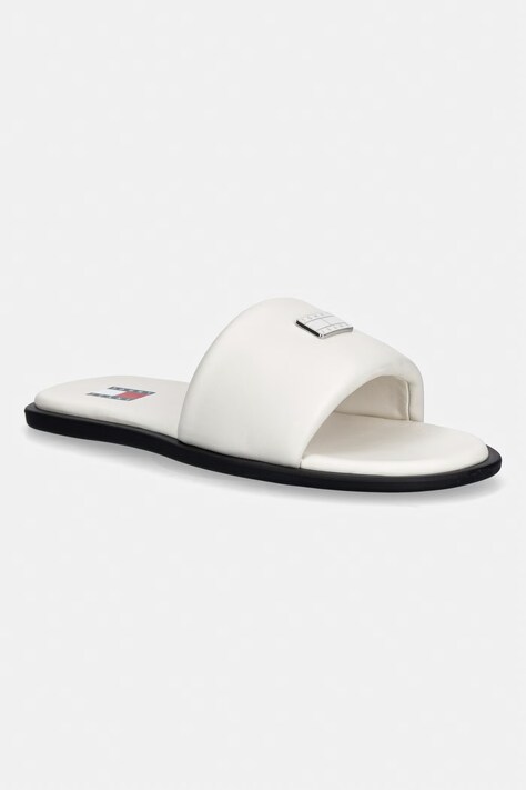 Tommy Jeans klapki na płaskim obcasie damskie skórzane TJW SOFT PADDED CASUAL SLIDE beżowe EN0EN02950