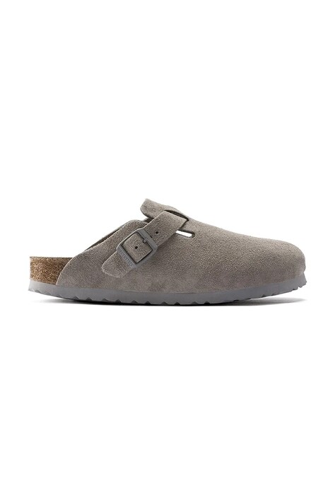 Birkenstock klapki zamszowe Boston SFB LEVE damskie kolor szary 1020526