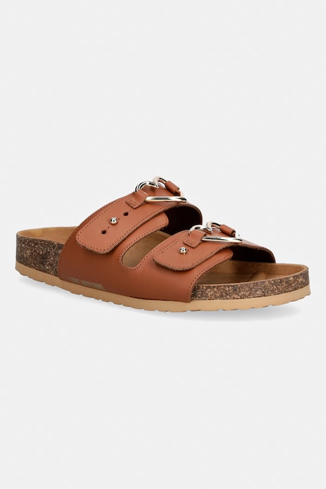 Love Moschino klapki na płaskim obcasie damskie skórzane brązowe JA28173G0OIA0200