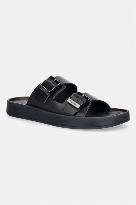 Calvin Klein klapki męskie skórzane ERGON DOUBLE BAR SANDAL LTH czarne HM0HM02097