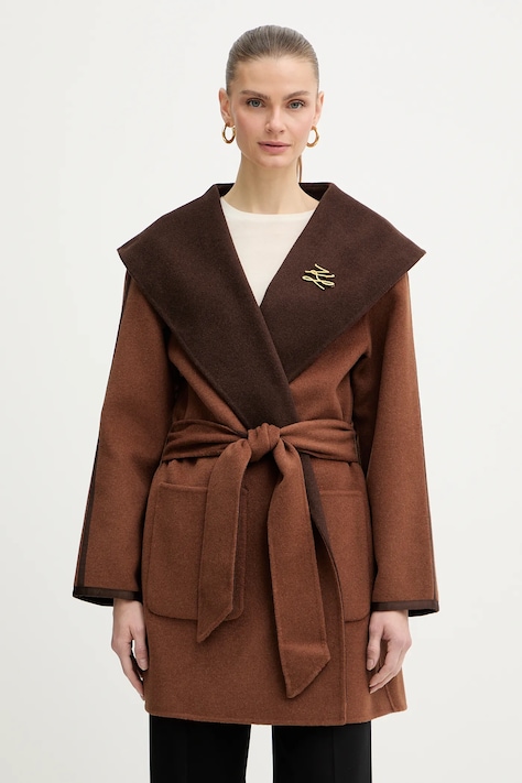 Karl Lagerfeld płaszcz dwustronny z dodatkiem wełny kolor brązowy B1W15038