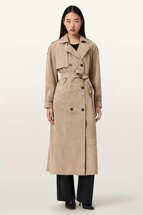 AllSaints trencz damski zamszowy REED SUEDE beżowy W005LE