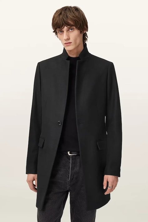 Kabát s prímesou vlny AllSaints čierna farba, M065OD