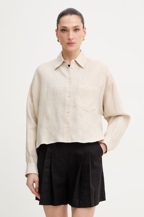 Weekend Max Mara koszula lniana CAPO damska kolor beżowy relaxed z kołnierzykiem klasycznym 2615041022600