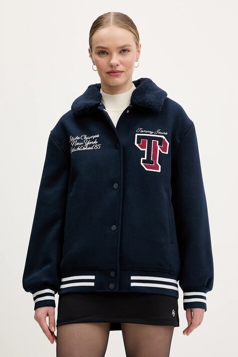 Tommy Jeans kurtka z dodatkiem wełny kolor granatowy przejściowa oversize DW0DW22051