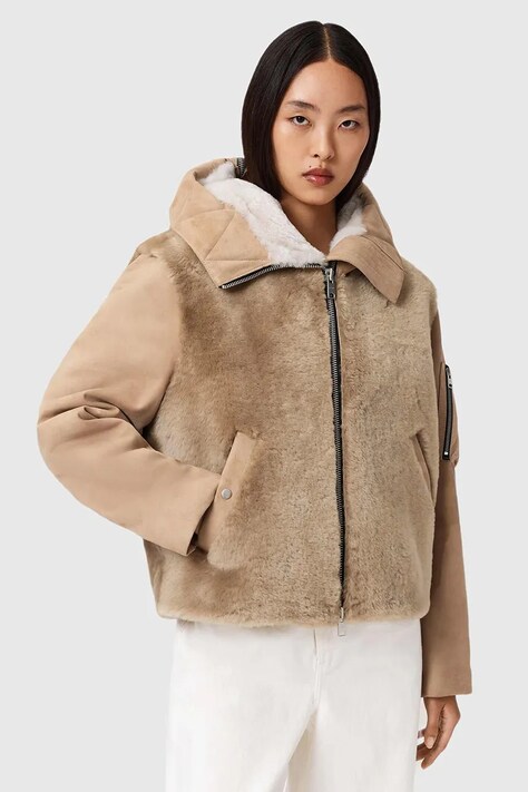 AllSaints kurtka zamszowa kolor beżowy przejściowa W062LD