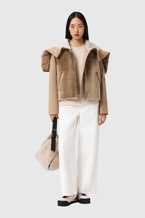 AllSaints kurtka zamszowa kolor beżowy przejściowa W062LD