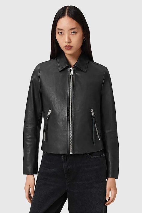 Kožená bunda AllSaints čierna farba, prechodná, W057LD