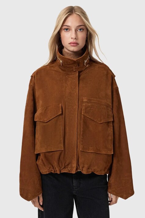 AllSaints kurtka zamszowa kolor brązowy przejściowa W087LD
