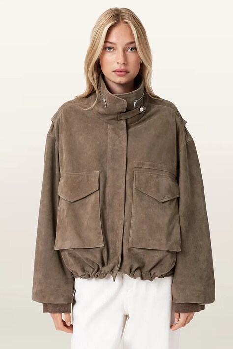AllSaints kurtka przejściowa damska zamszowa brązowa W087LD