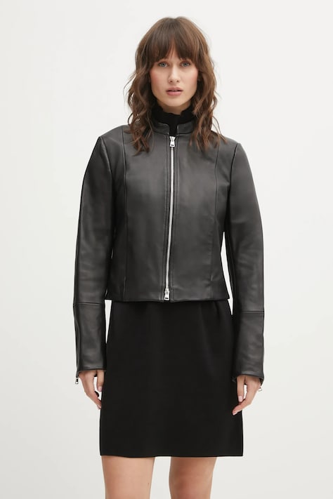 Kožená bunda HUGO Lasari černá barva, přechodná, 50555743