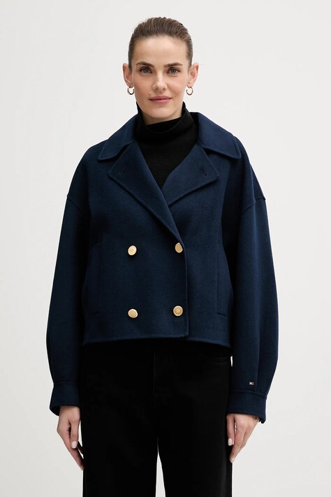 Tommy Hilfiger płaszcz z dodatkiem wełny kolor granatowy WW0WW47759