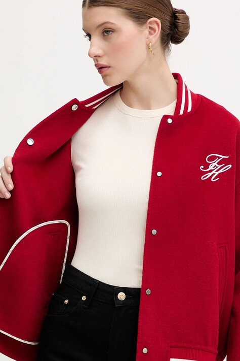 Tommy Hilfiger kurtka bomber z dodatkiem wełny kolor czerwony przejściowa oversize WW0WW47760