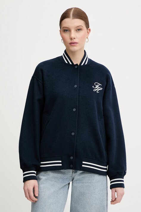 Tommy Hilfiger kurtka bomber z dodatkiem wełny kolor granatowy przejściowa oversize WW0WW47760