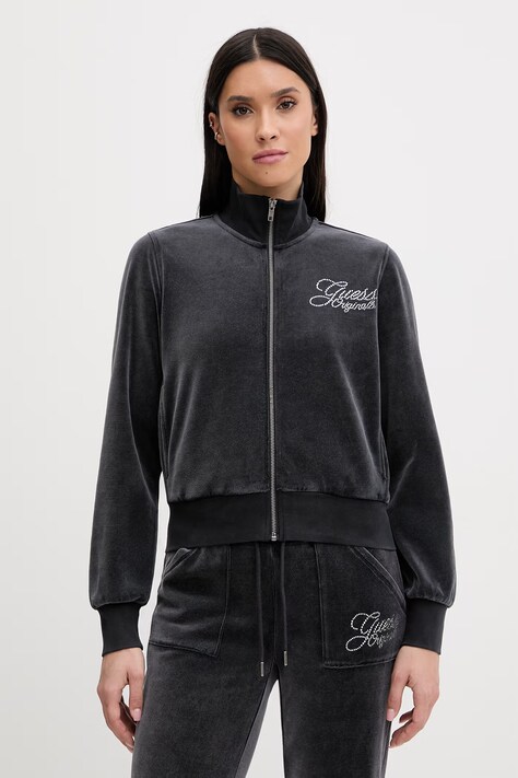 Guess Originals bluza welurowa damska kolor szary z aplikacją W6RQ26 KCUF1