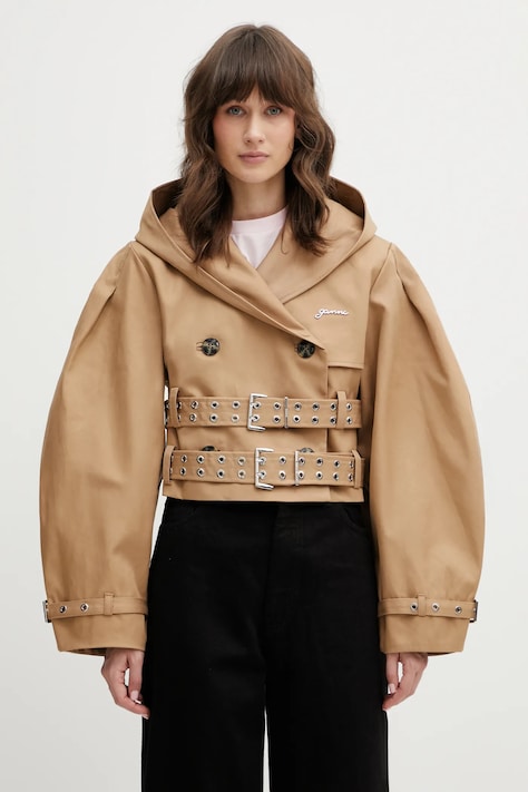 GANNI kurtka bawełniana kolor beżowy przejściowa W0220