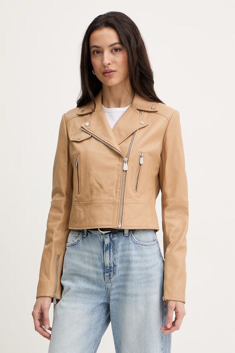 Pinko kurtka skórzana kolor beżowy przejściowa 106247 A32I