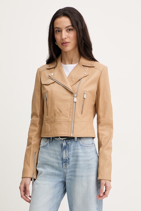 Pinko kurtka skórzana kolor beżowy przejściowa 106247 A32I
