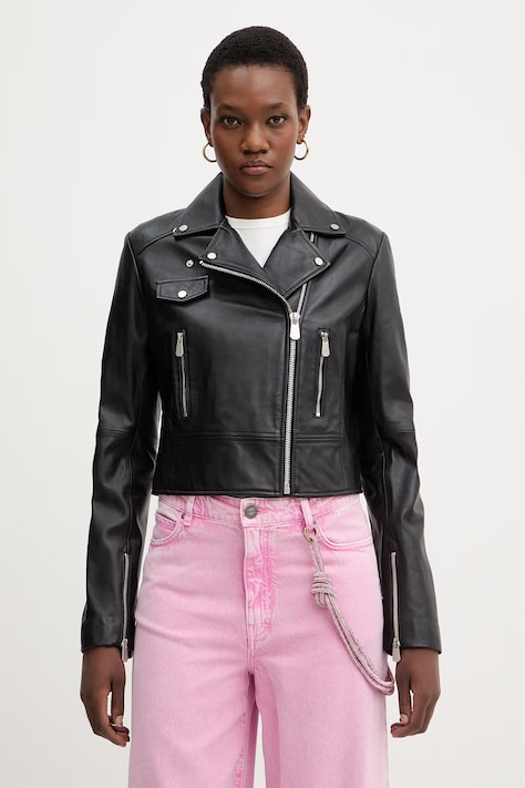 Kožená bunda Pinko čierna farba, prechodná, 106247 A32I