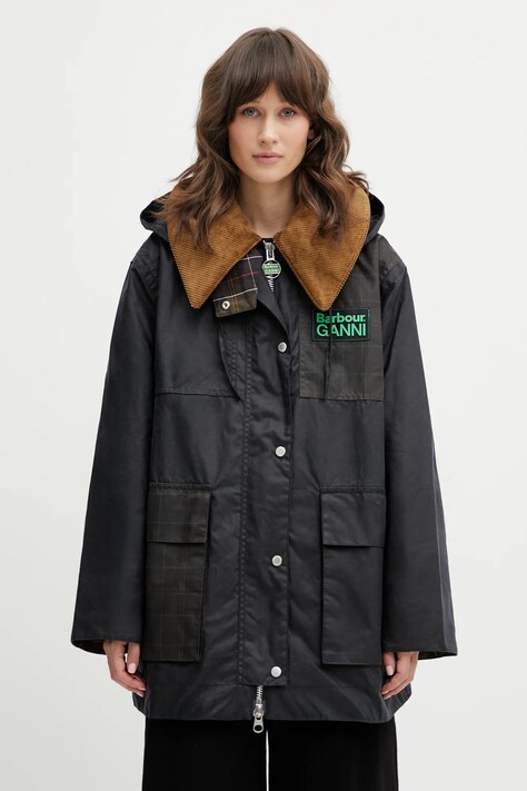 Barbour geacă x Ganni Hooded Duffle Wax culoarea bleumarin, de tranziție, LWX1527NY71