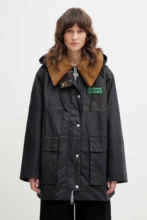 Barbour geacă x Ganni Hooded Duffle Wax culoarea bleumarin, de tranziție, LWX1527NY71