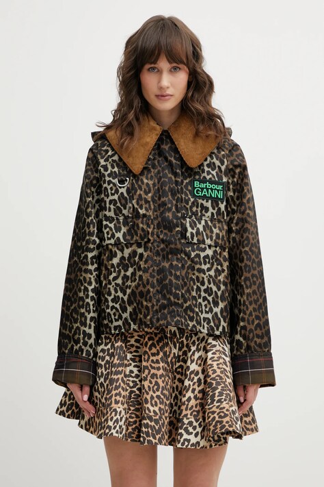 Barbour jachetă de bumbac x Ganni Printed Hooded Wax culoarea maro, de tranzitie, LWX1529BK11